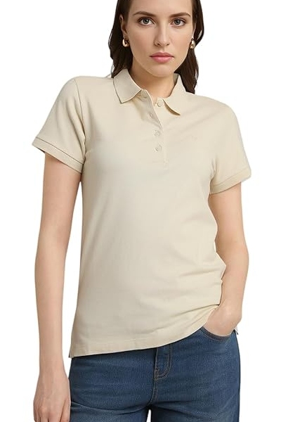 Beige Women Polo T-Shirt